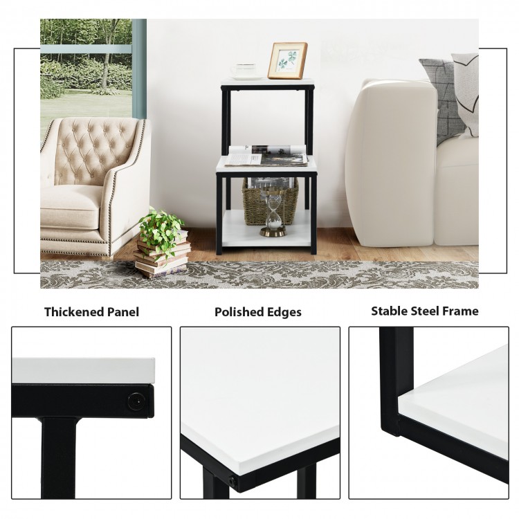 3-tier white sofa side table with sturdy black steel frame and spacious shelves for versatile storage and display.